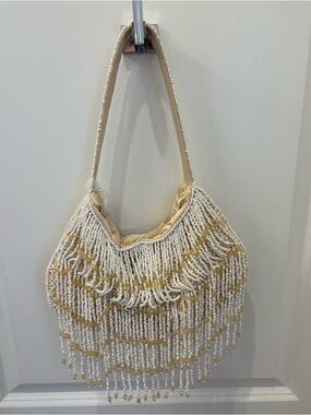 NWT Made In India Beaded Fringe Shoulder Bag in Cream & Champagne Gold